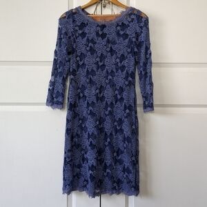 Rebecca Taylor Dress Women's 4 Blue Lace Semi Sheer Long Sleeve Zip Back